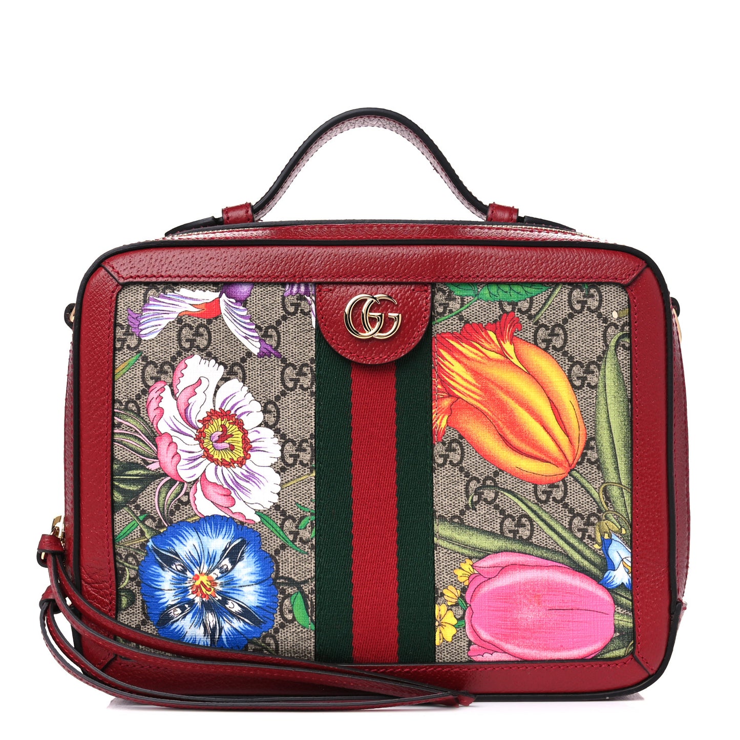 GG Supreme Monogram Flora Web Small Ophidia Top Handle Shoulder Bag Hibiscus Red