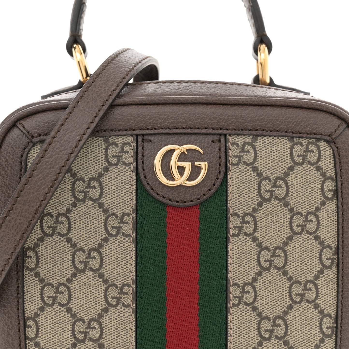 GG Supreme Monogram Textured Dollar Calfskin Mini Ophidia Top Handle Square Shoulder Bag Beige Ebony New Acero