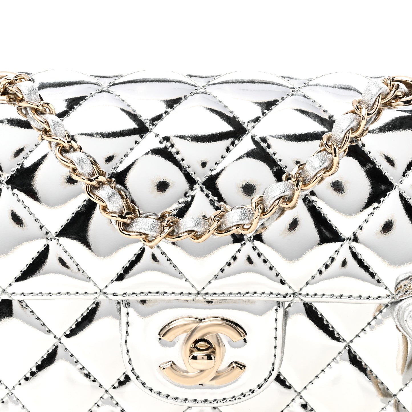 Mirror Calfskin Metallic Calfskin Quilted Hollywood Boulevard Mini Flap With Star Coin Purse Silver