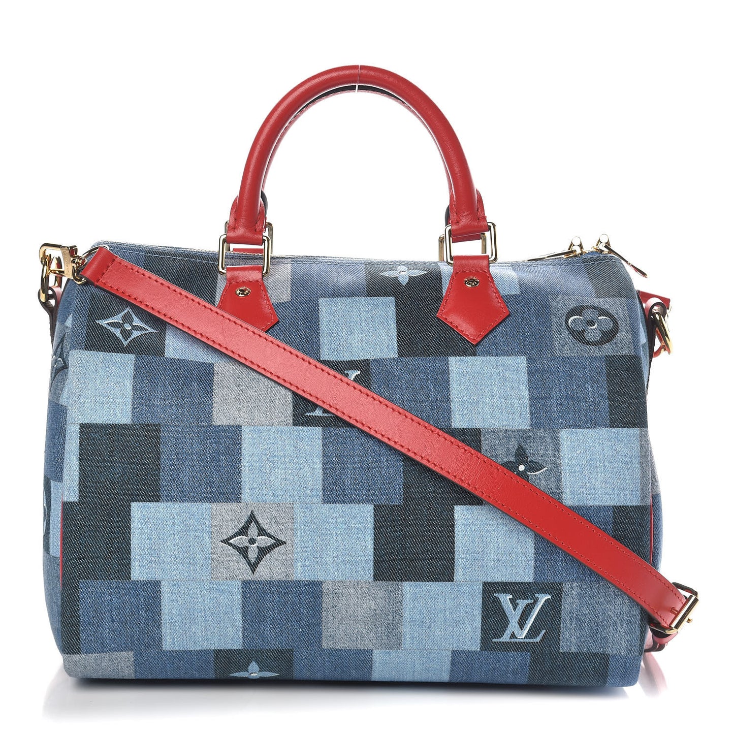 Denim Damier Monogram Patchwork Speedy Bandouliere 30 Blue Rouge