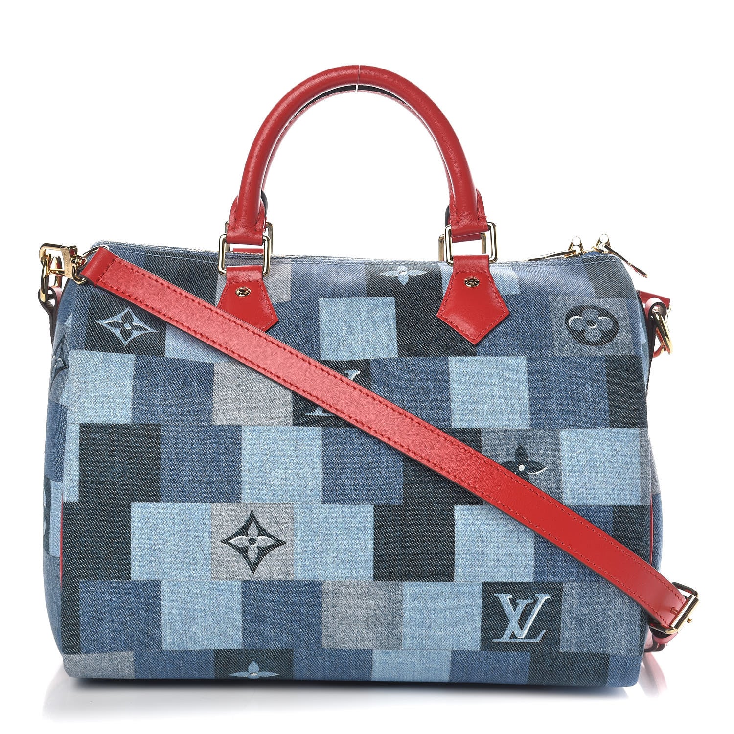 Louis Vuitton Denim Damier Monogram Patchwork Speedy Bandouliere 30 Blue Rouge 1 of 10