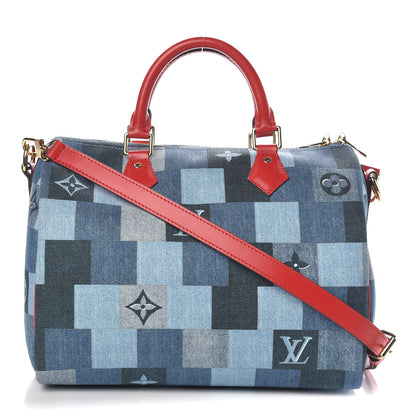 Louis Vuitton Denim Damier Monogram Patchwork Speedy Bandouliere 30 Blue Rouge 1 of 10