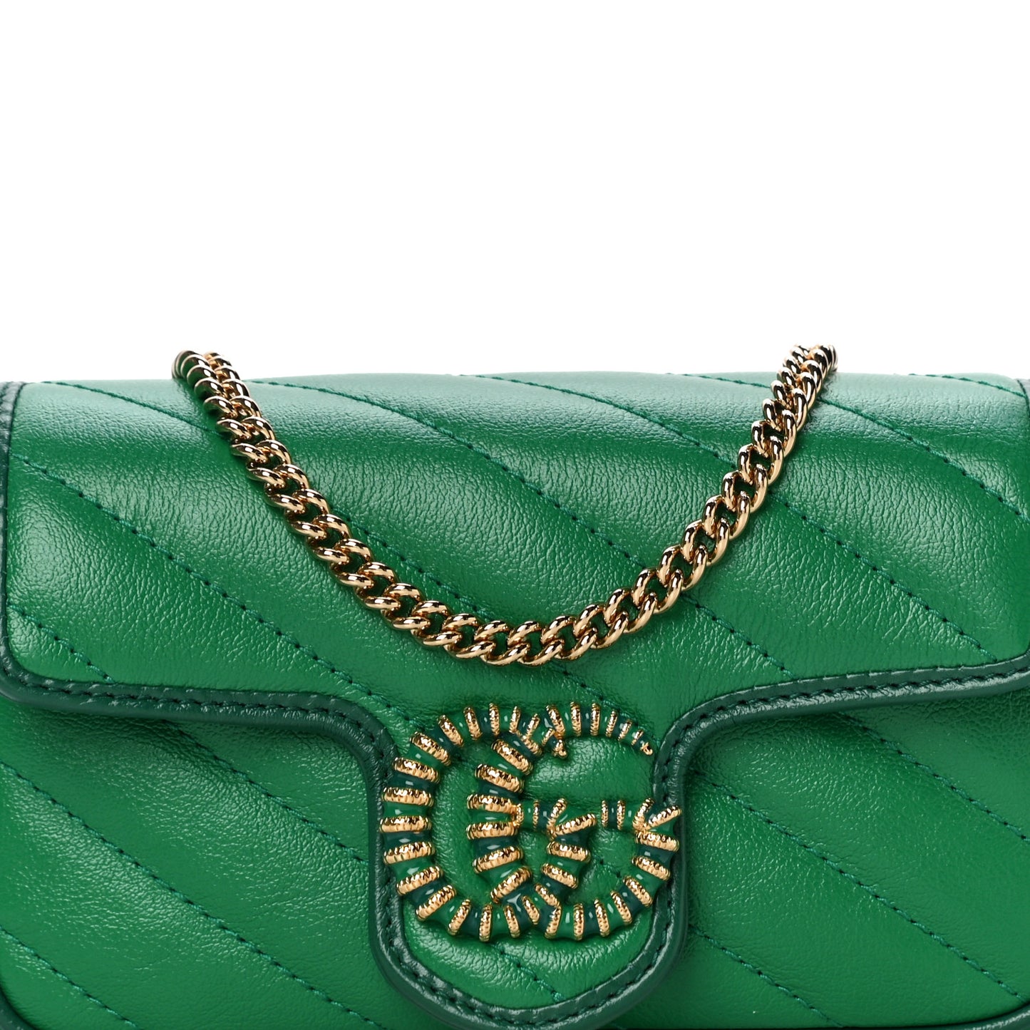 Azalea Calfskin Enamel Matelasse Diagonal Super Mini Torchon GG Marmont Shoulder Bag New Shamarock Emerald
