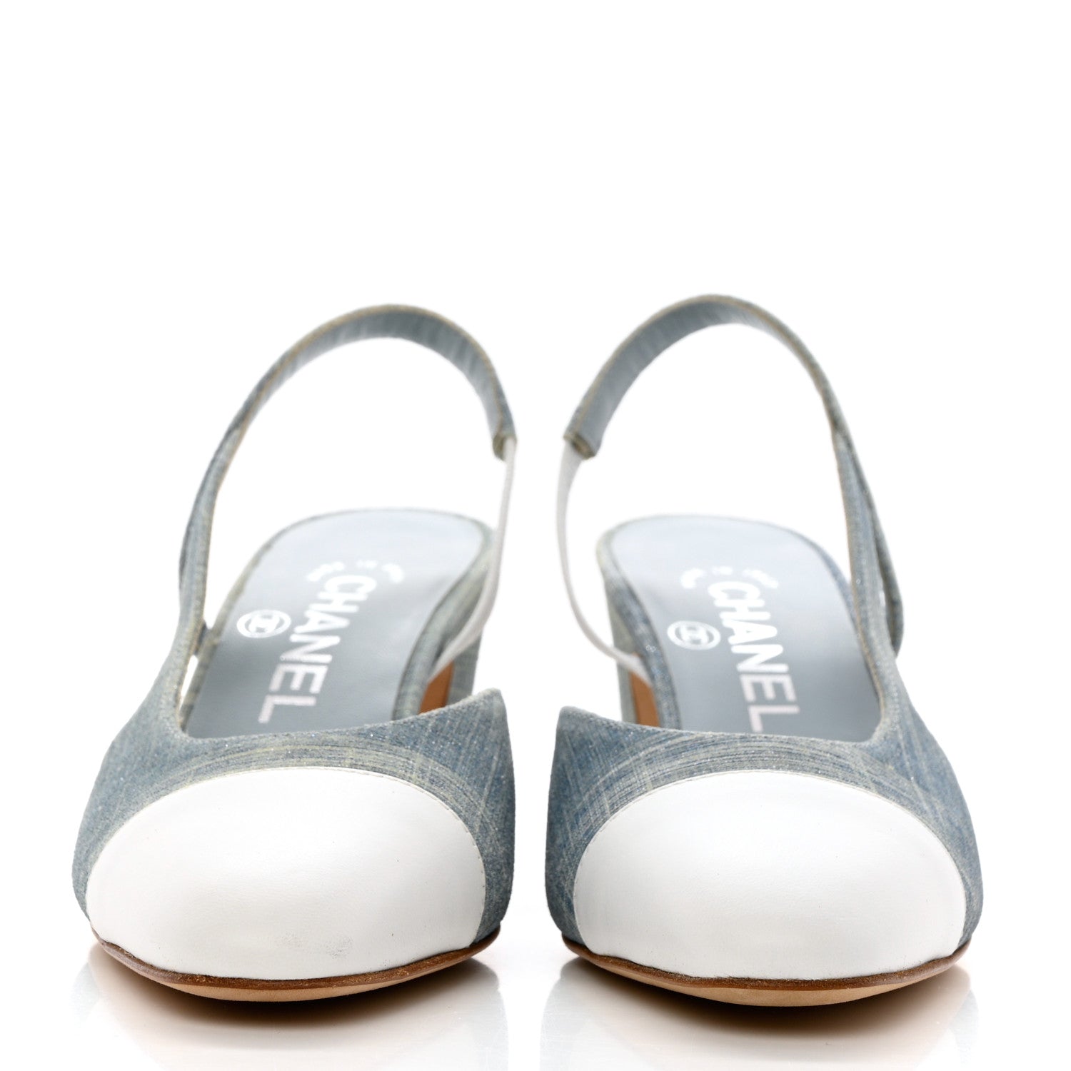 Chanel Denim Lambskin Cap Toe CC Slingback Pumps 35 Light Blue White 2 of 9