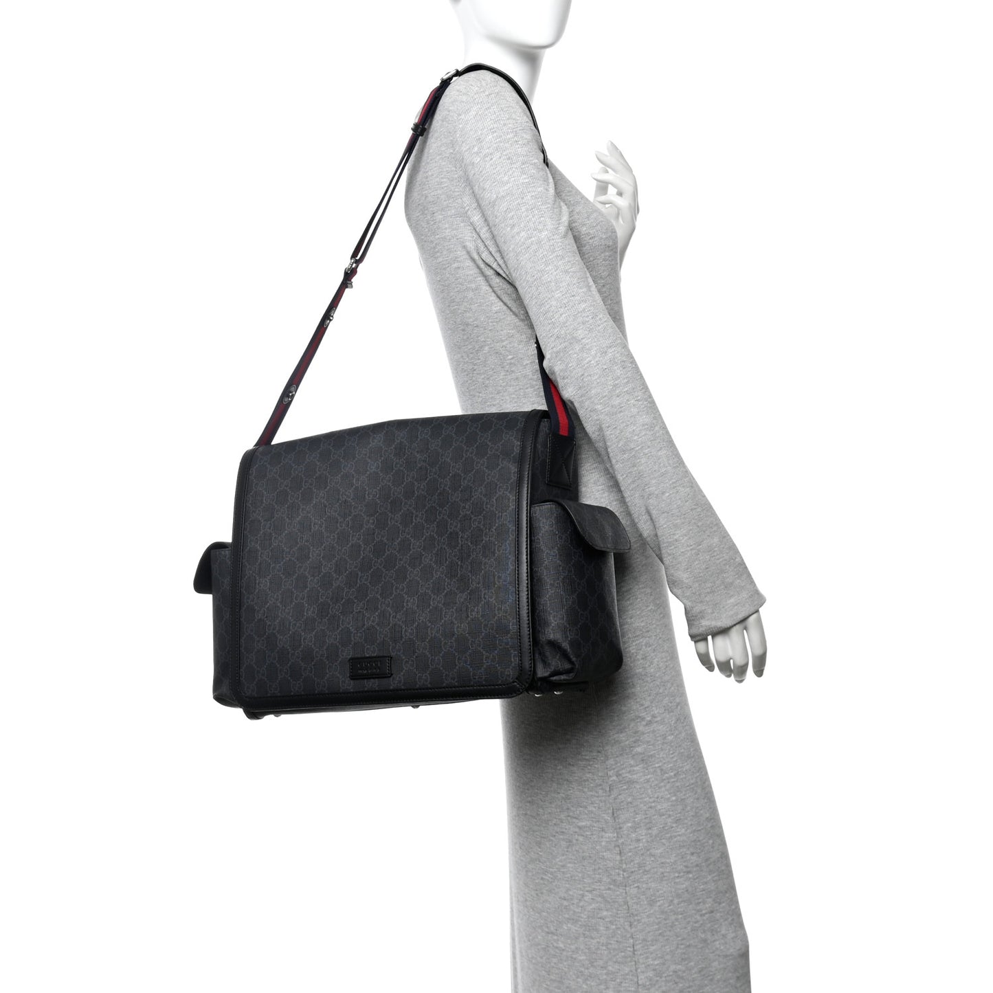 GG Supreme Monogram Web Messenger Diaper Bag Black Grey