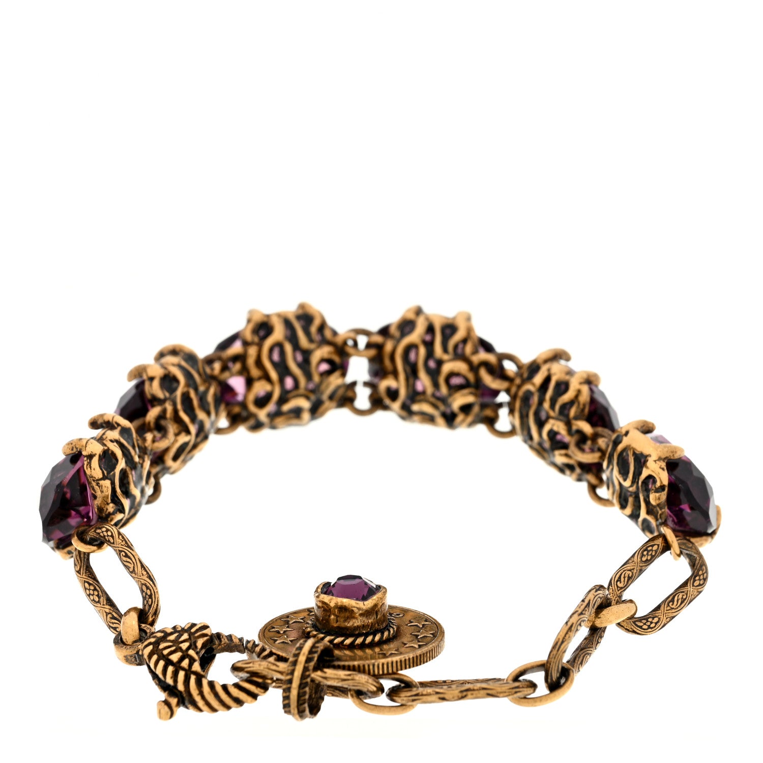 Gucci Crystal Metal Coin Bracelet Aged Gold Purple 2 of 3