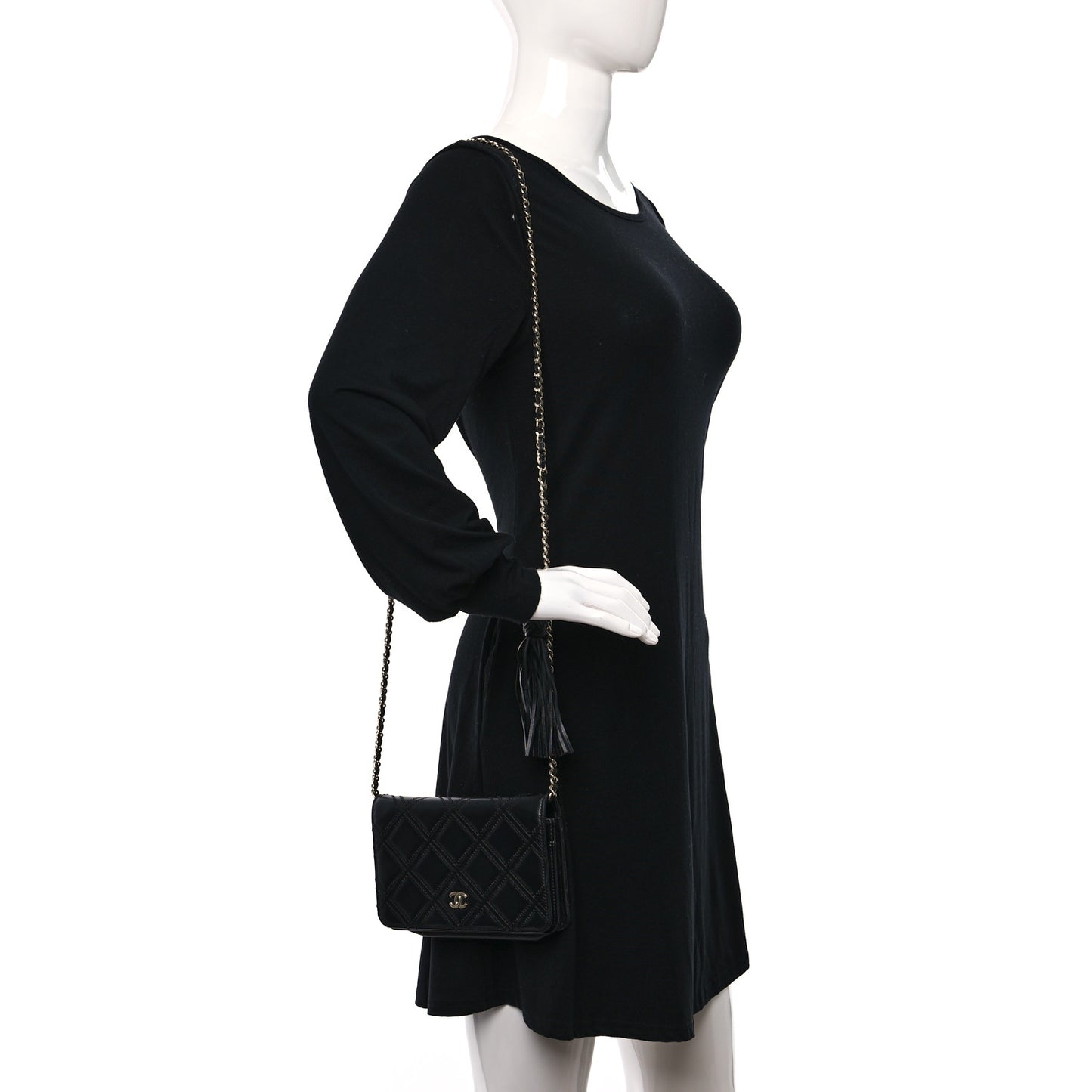 Lambskin Quilted Double Stitch Tassel Wallet On Chain WOC Black