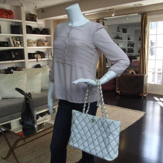 Lambskin Contrast Stitch Tote White