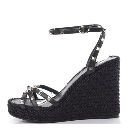 Valentino Garavani Calfskin Rockstud Ankle Strap Torchon Espadrille 25/95mm Wedge Sandals 40 Black 1 of 10