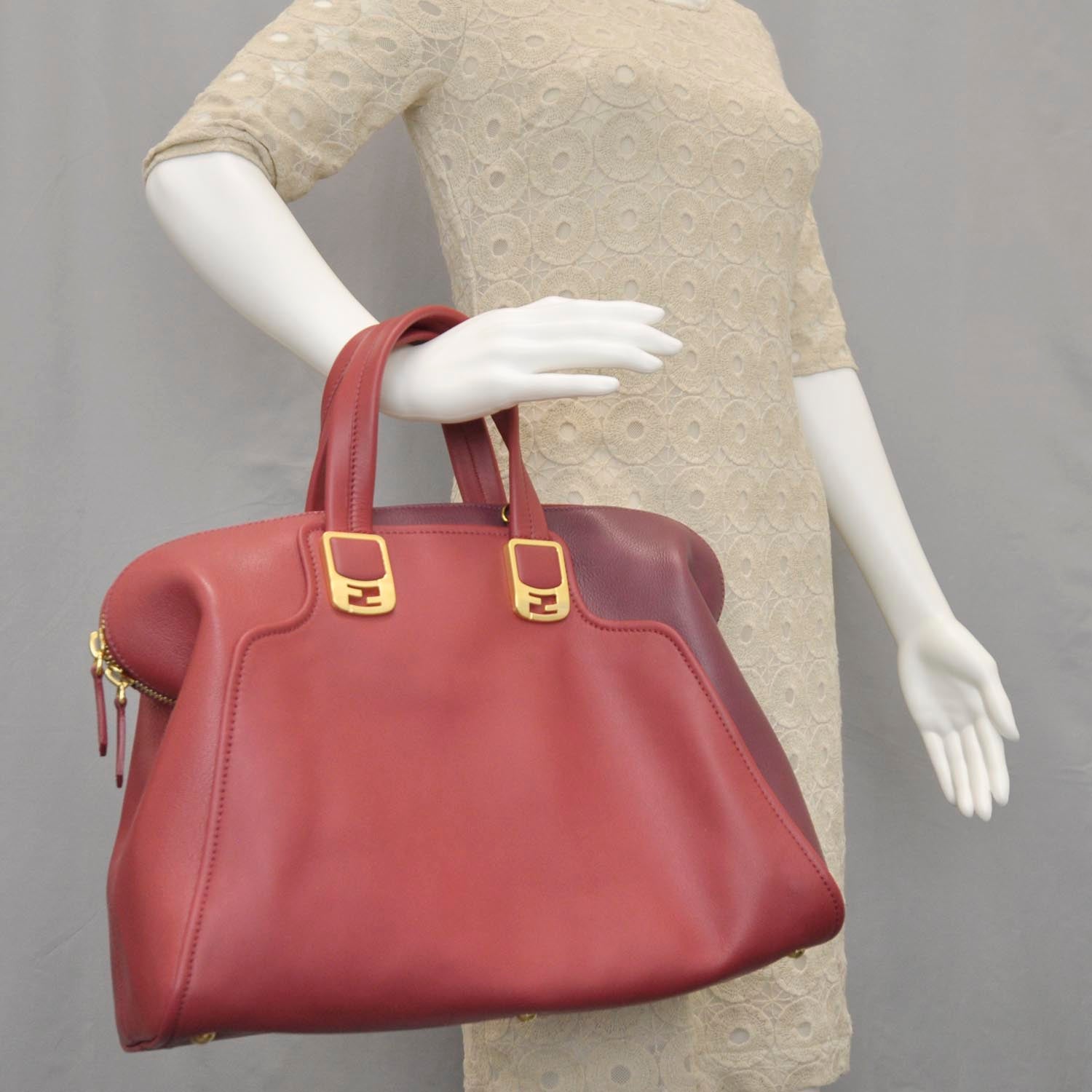 Fendi Vitello Capra Alabama Colorblock Large Chameleon Tote Ciliegia Bordeaux Ruby 2 of 11