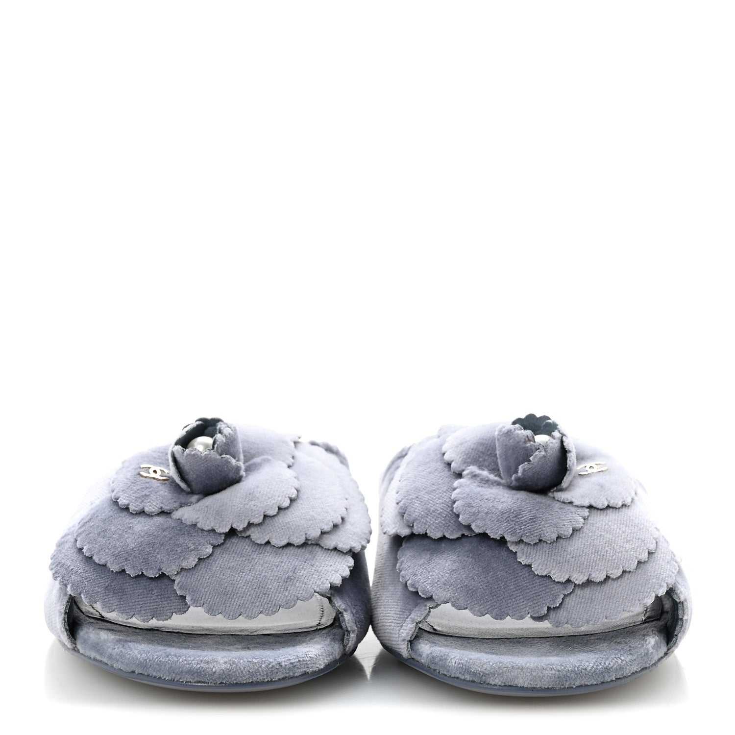 Chanel Velvet Pearl Camellia Slide Sandals 36.5 Gray 3 of 11