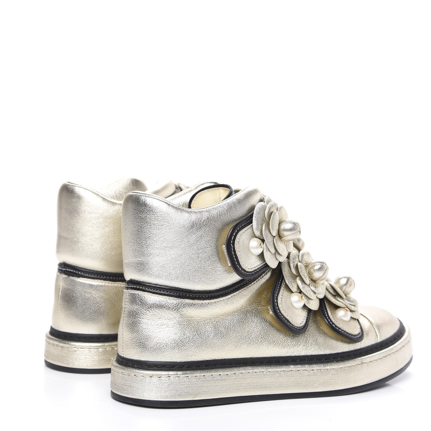 Metallic Lambskin Camellia High Top Sneakers 36 Gold