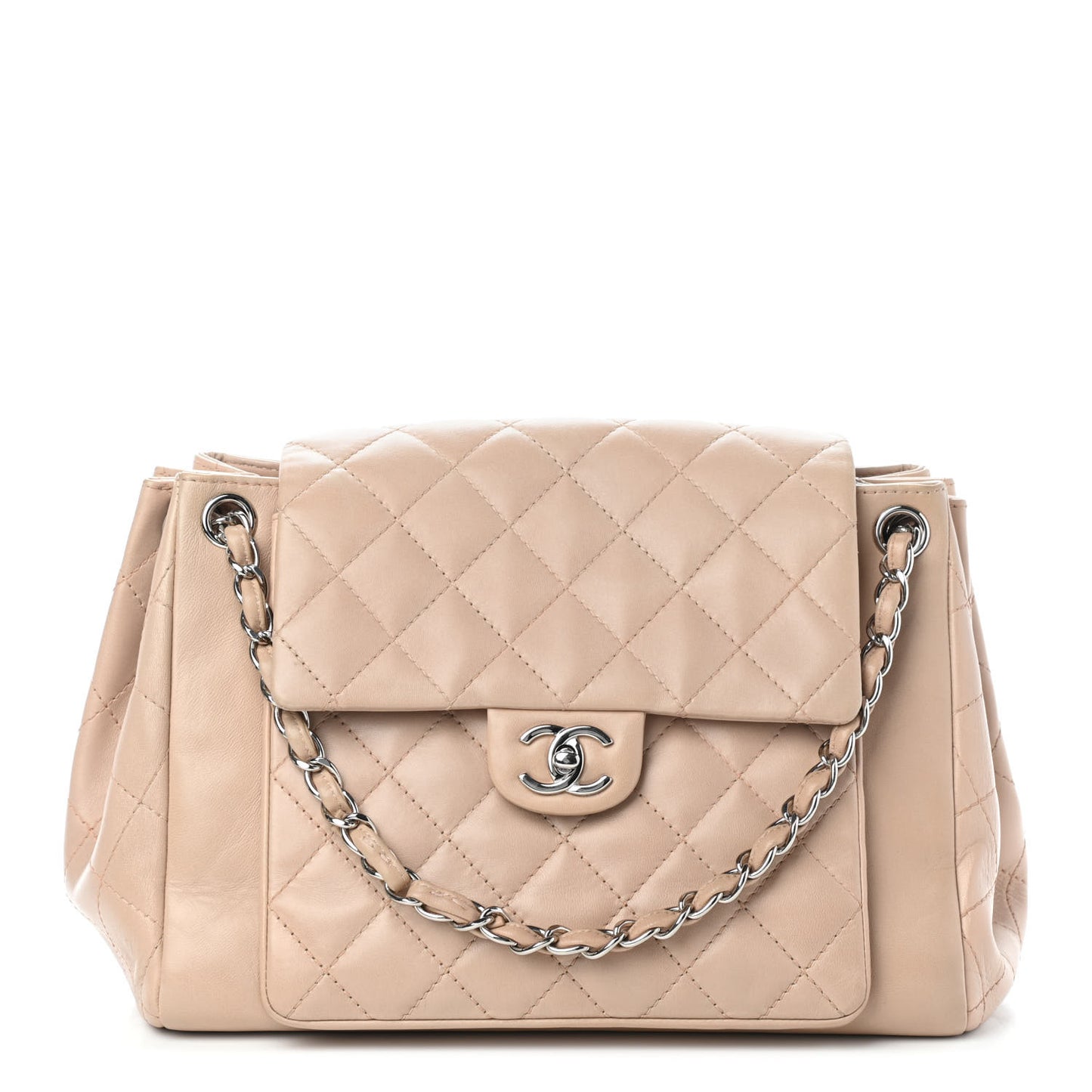 Lambskin Quilted CC Accordion Shopping Bag Beige