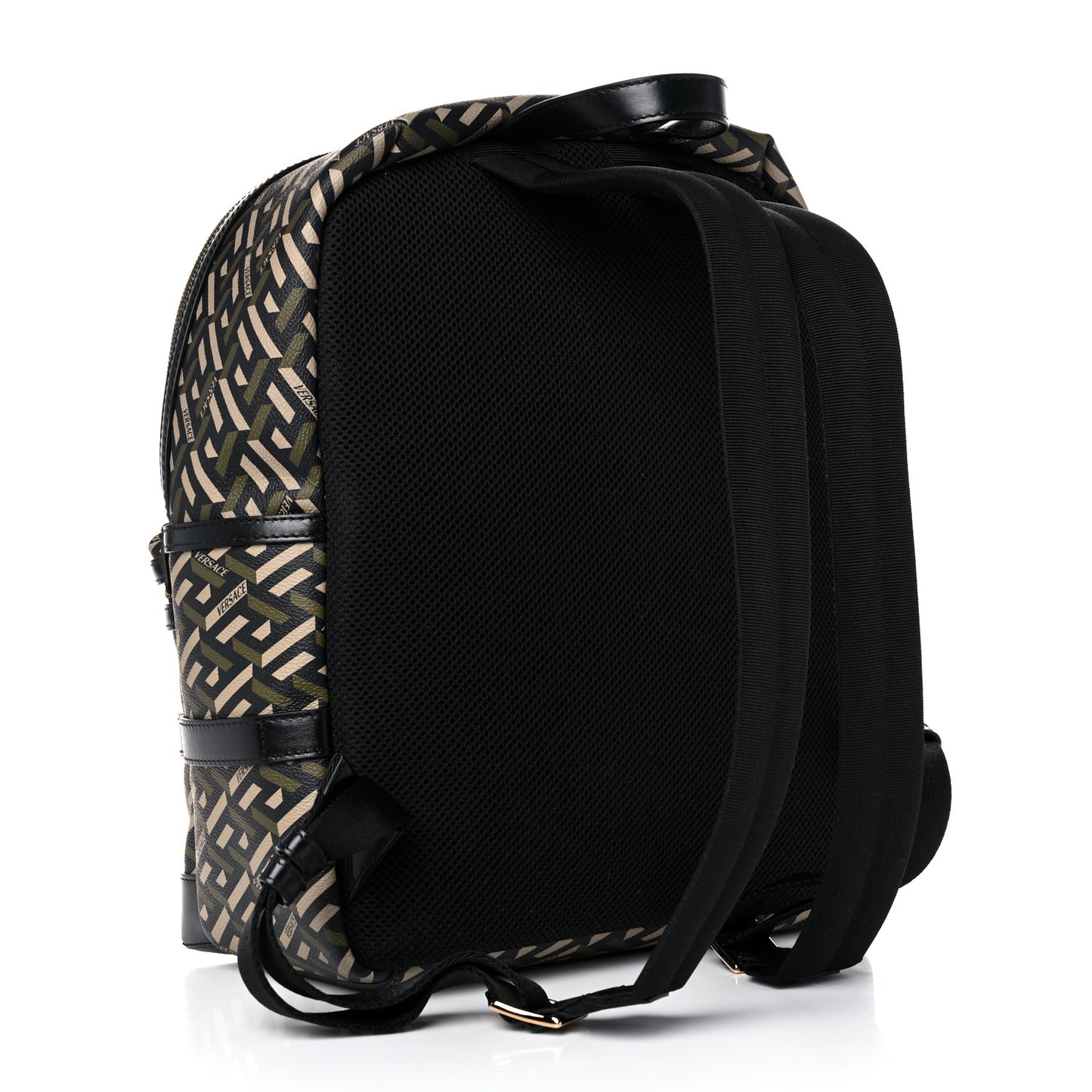 Coated Canvas Calfskin La Greca Signature Backpack Black Khaki