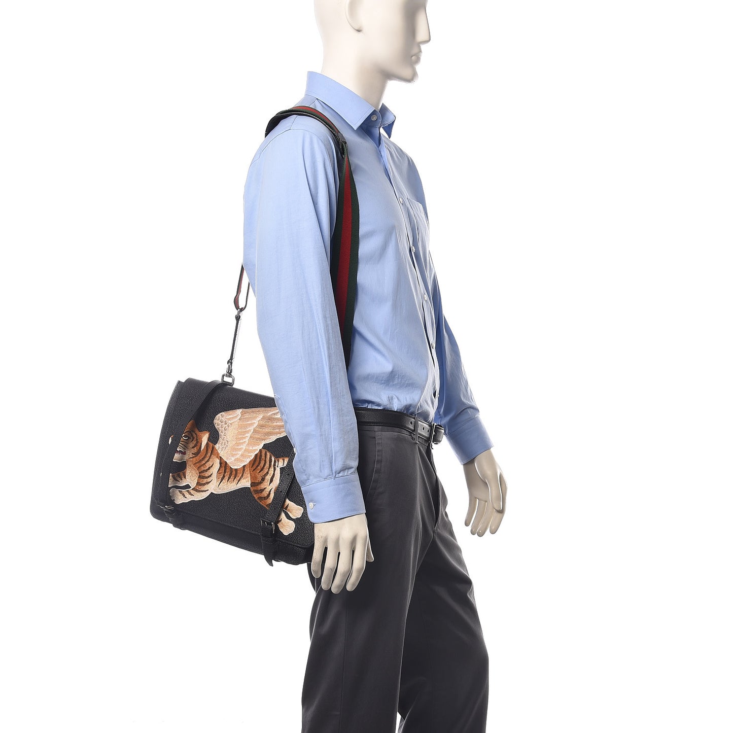 Calfskin Embroidered Tiger Messenger Bag Black