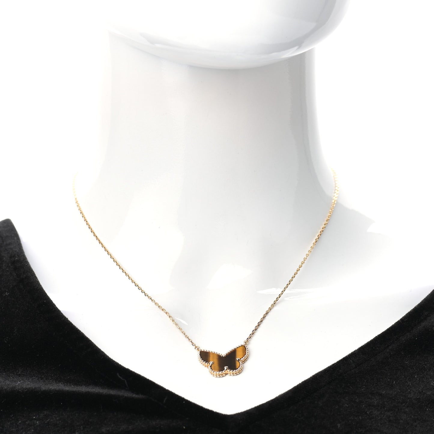 18K Yellow Gold Tiger Eye Lucky Alhambra Butterfly Pendant Necklace
