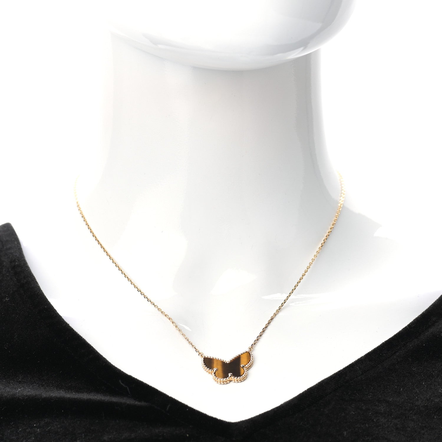 Van Cleef & Arpels 18K Yellow Gold Tiger Eye Lucky Alhambra Butterfly Pendant Necklace 2 of 6