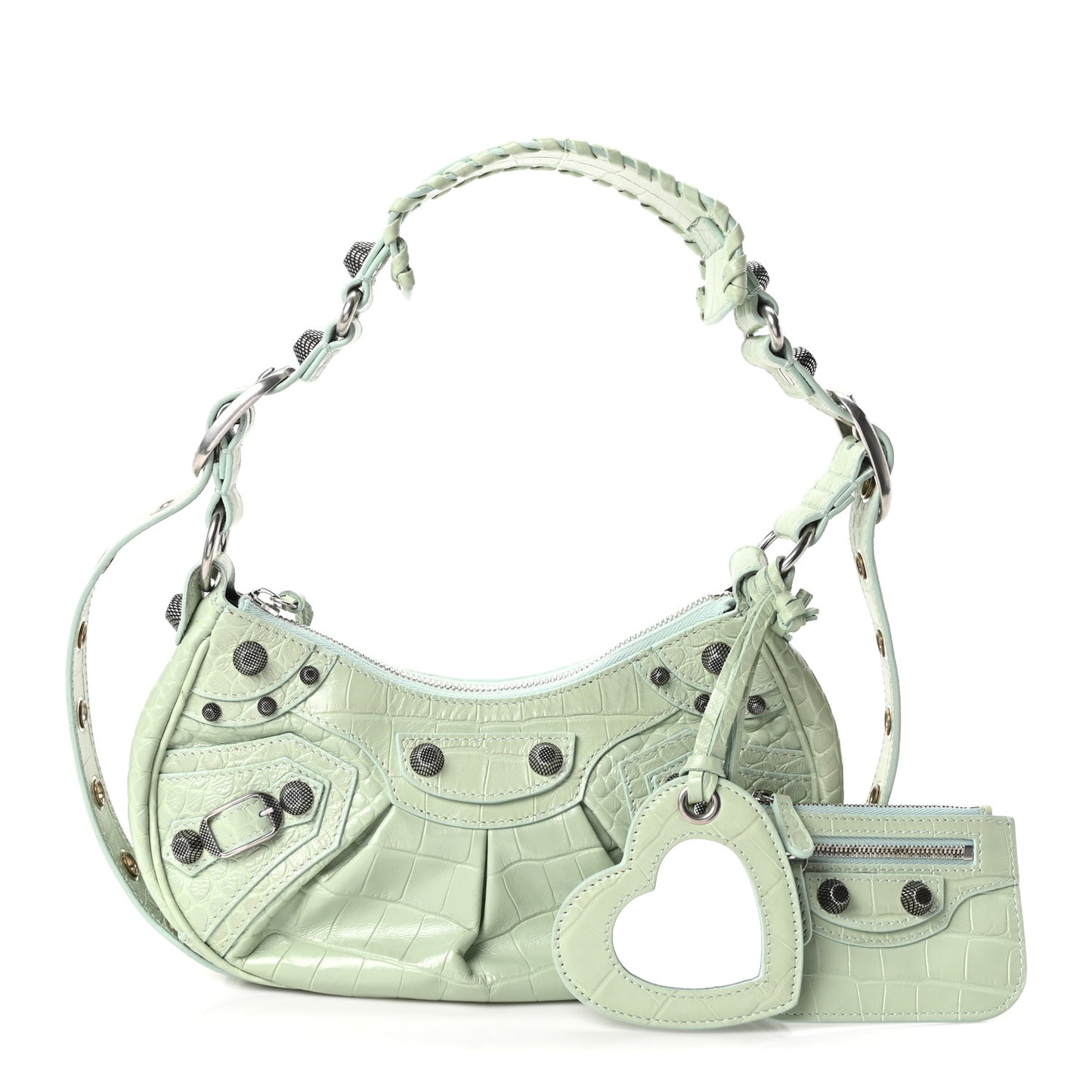 Extra Supple Calfskin Crocodile Embossed Le Cagole Shoulder Bag XS Light Green