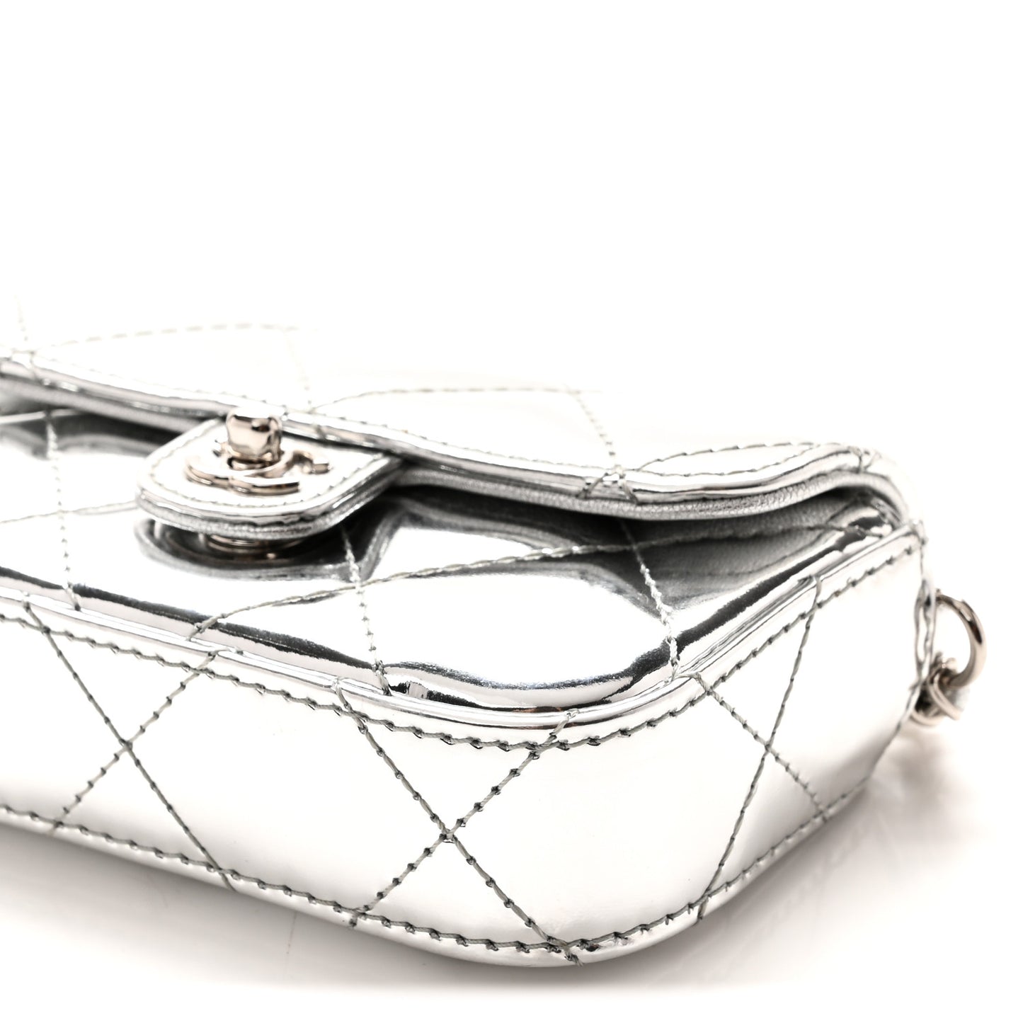 Mirror Calfskin Small Top Handle Clutch With Chain Silver