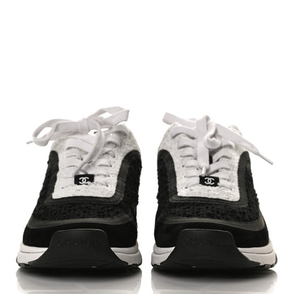 Chanel Tweed Suede Calfskin CC Sneakers 37 Black White 2 of 11