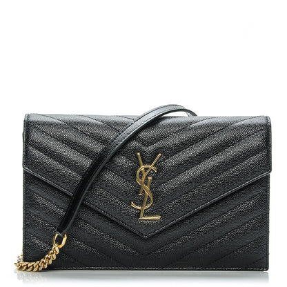 Saint Laurent Grain De Poudre Matelasse Chevron Monogram Chain Wallet Black 1 of 6
