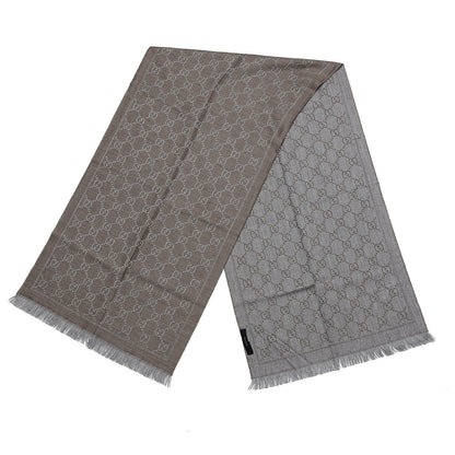 Gucci Wool Jacquard GG Monogram Sten Fringe Scarf Taupe Light Grey 3 of 4
