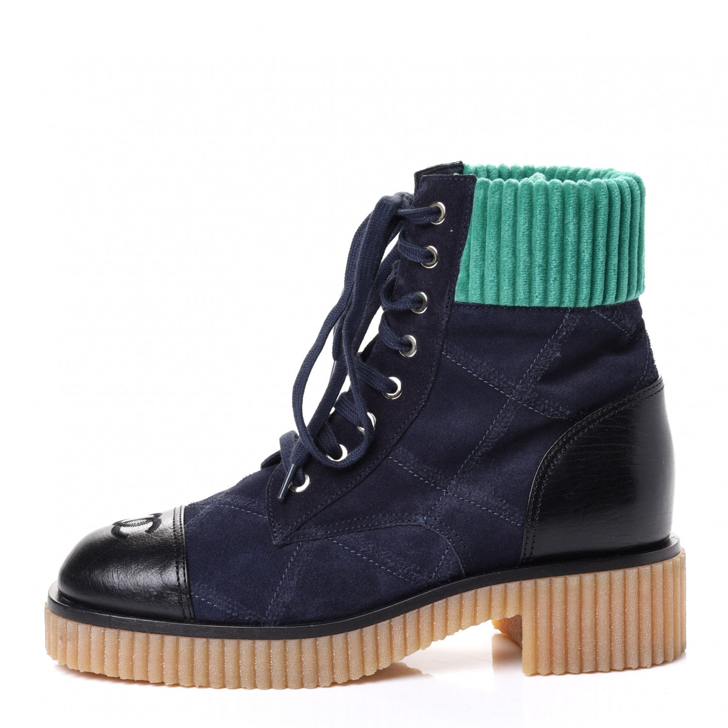 Chanel Suede Calfskin Velvet Quilted CC Combat Boots 38 Navy Green Black 1 of 4