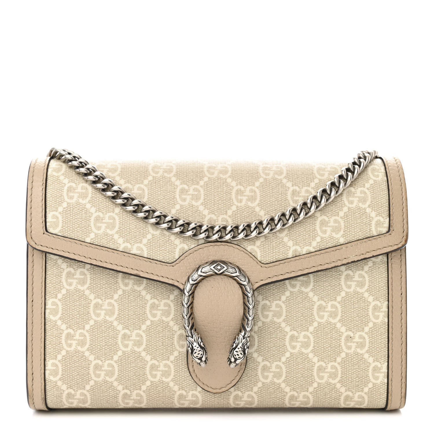 Gucci GG Supreme Monogram Textured Dollar Calfskin Mini Dionysus Chain Wallet Beige Mystic White Oatmeal 1 of 13