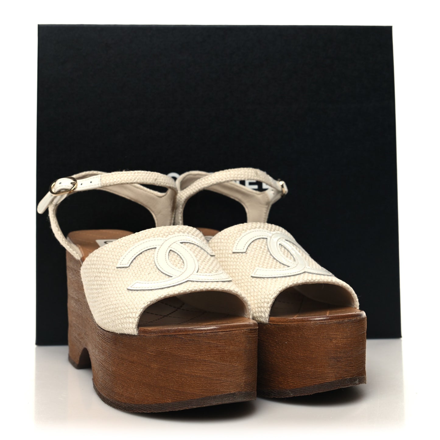 Fabric Patent Calfskin CC Wedge 37 Ivory White