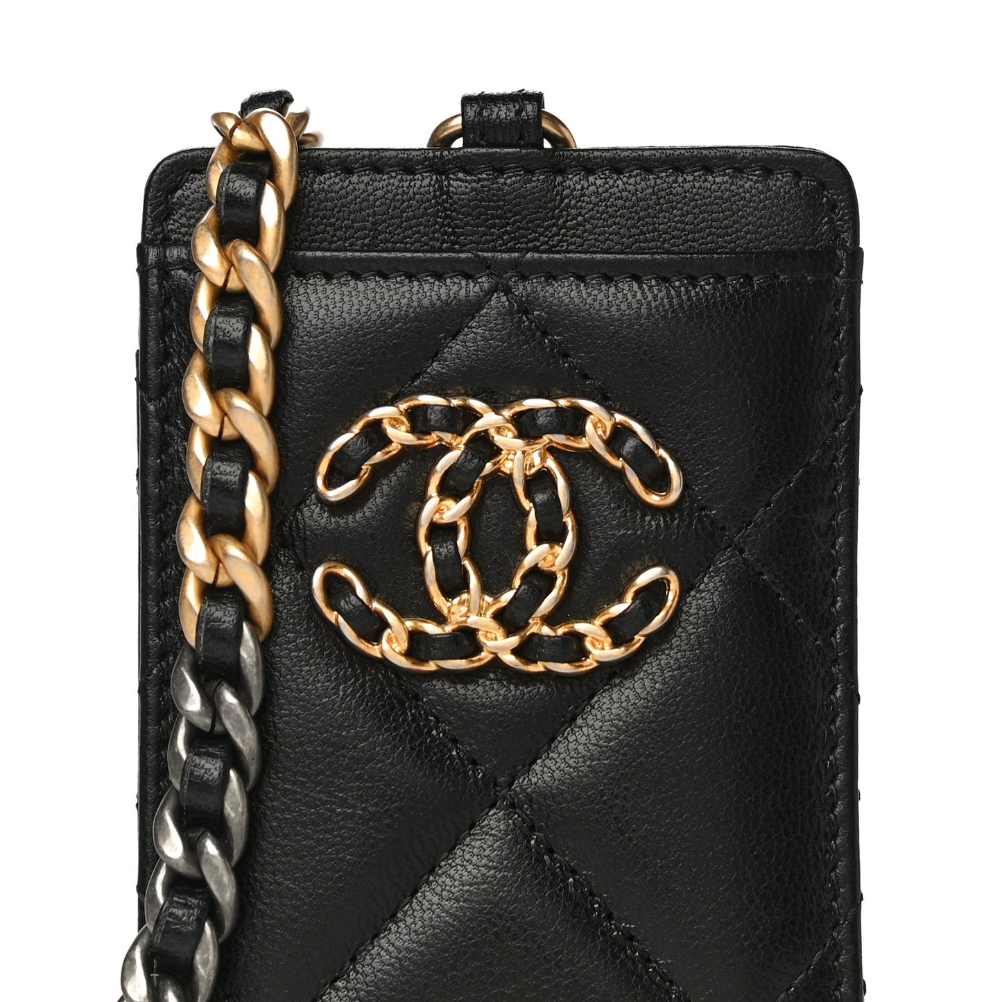 Shiny Goatskin Quilted Chanel 19 Card Holder On Chain Black
