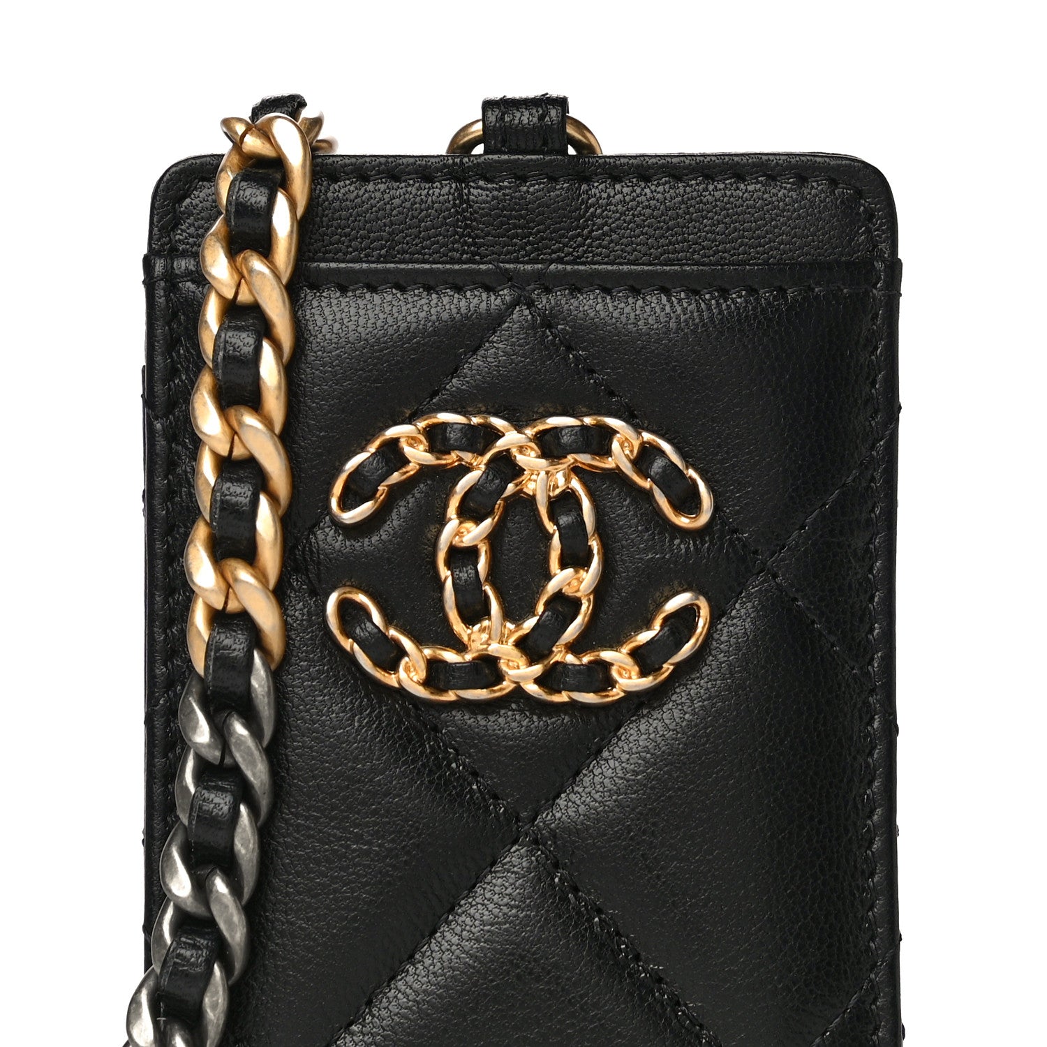 Chanel Shiny Goatskin Quilted Chanel 19 Card Holder On Chain Black 8 of 11