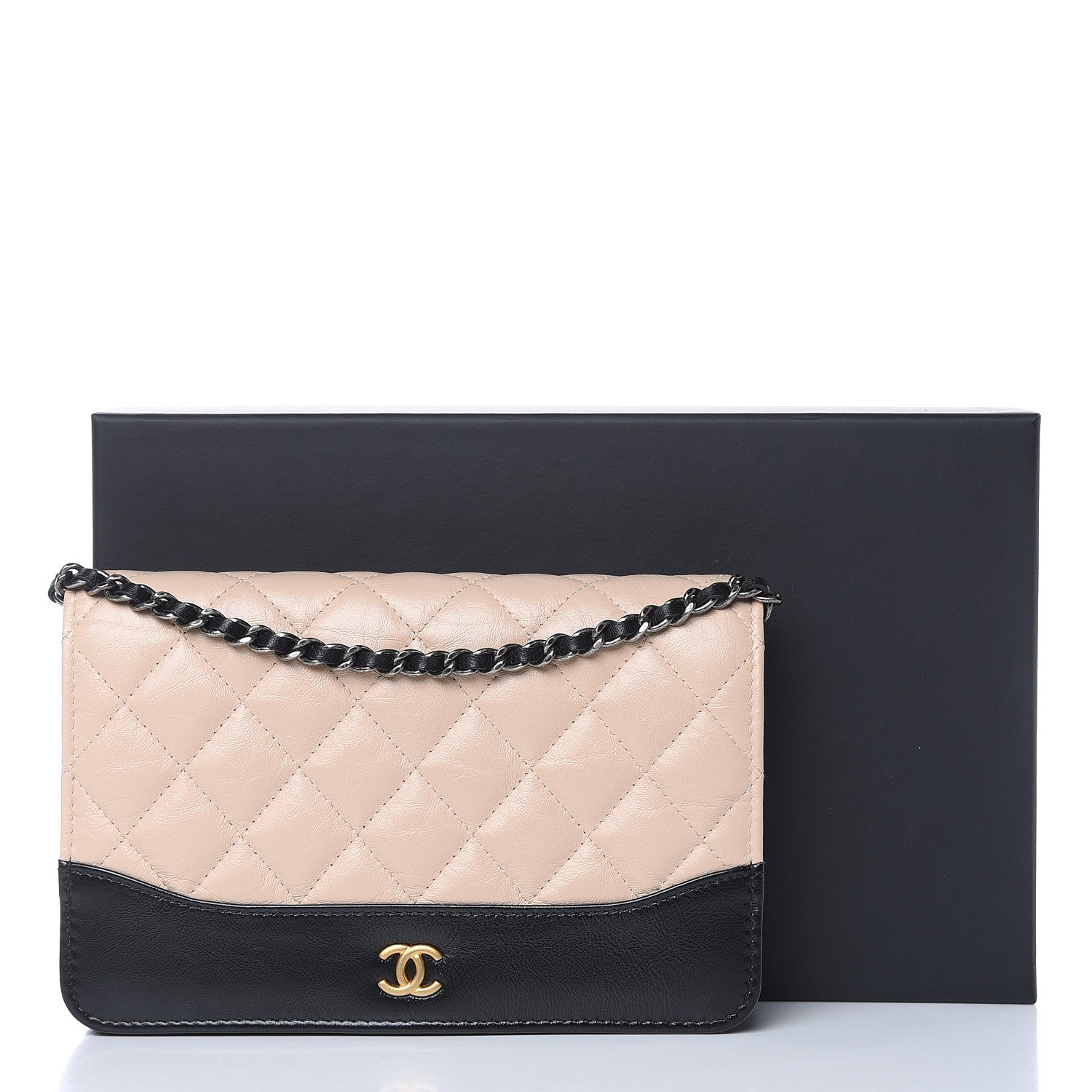 Chanel Aged Calfskin Quilted Gabrielle Wallet On Chain WOC Beige Black 13 of 13