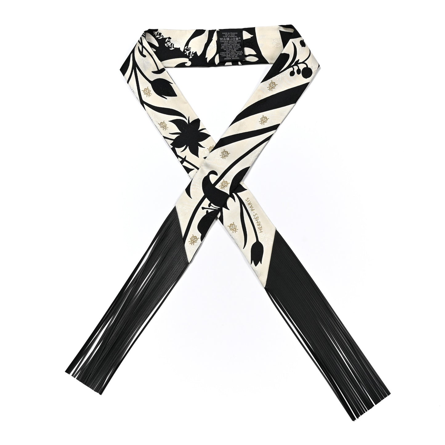 Silk Calfskin Bouquet Final Fringed Twilly Creme Black