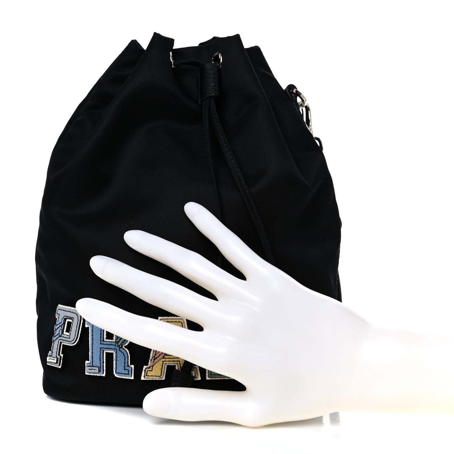 Saffiano Tessuto Nylon Vela Lettering Bucket Wristlet Black