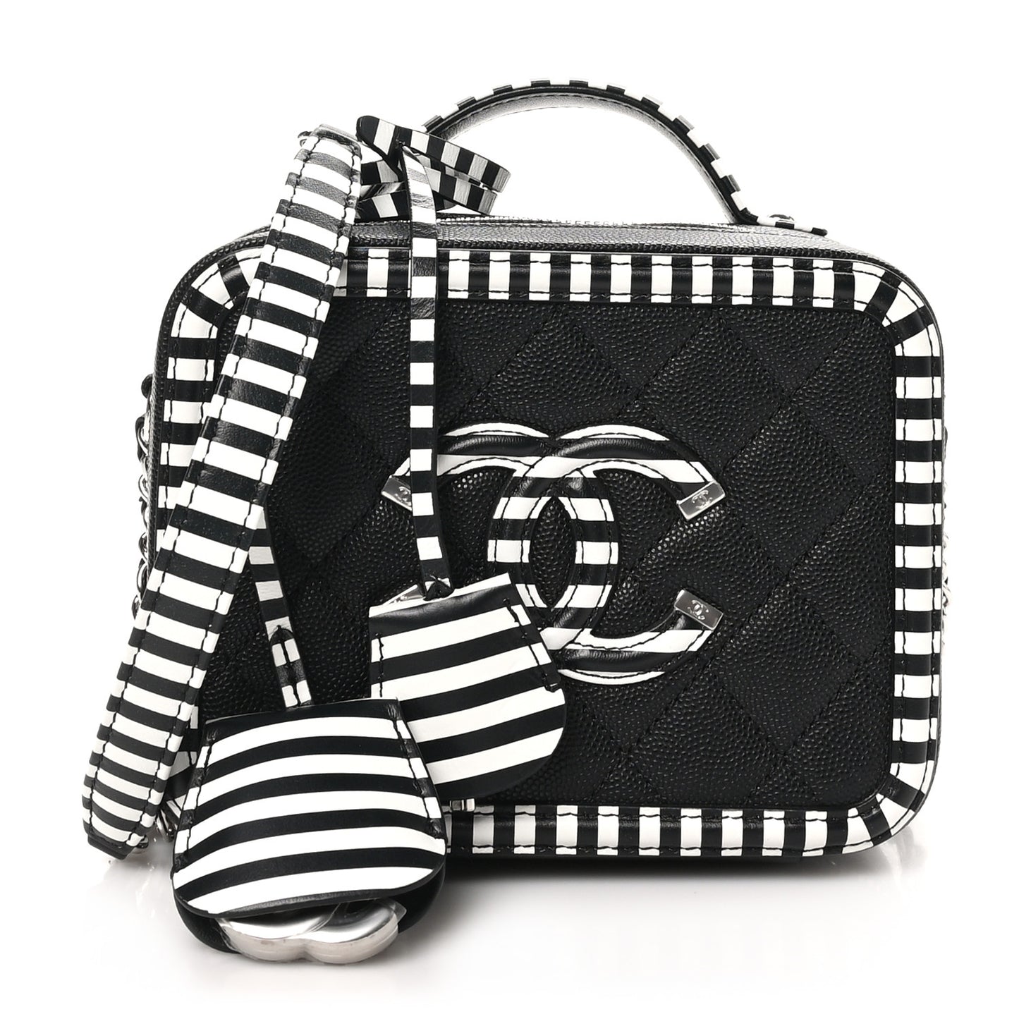 Caviar Quilted Striped Small CC Filigree Vanity Case Black White