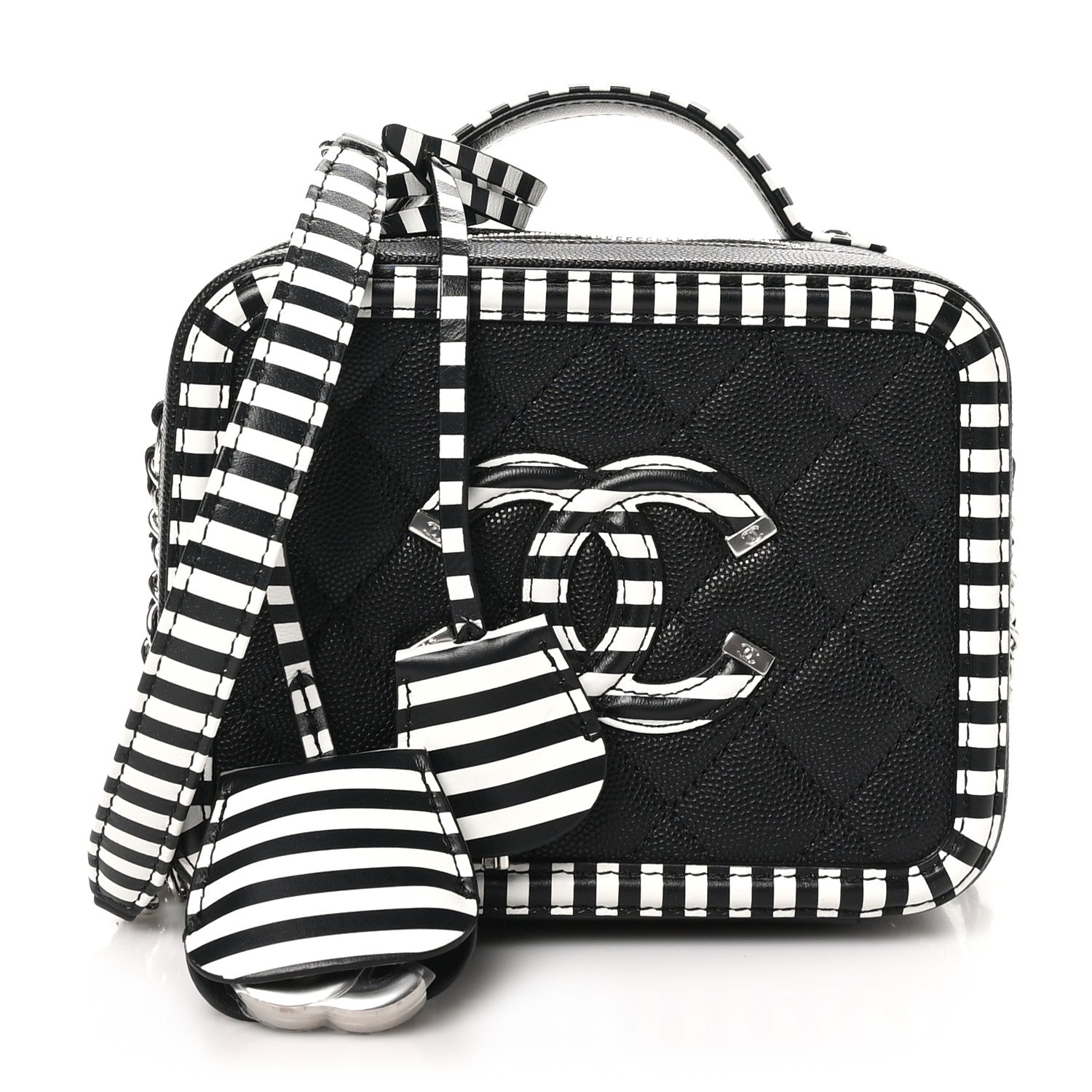 Chanel Caviar Quilted Striped Small CC Filigree Vanity Case Black White 1 of 10
