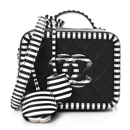 Chanel Caviar Quilted Striped Small CC Filigree Vanity Case Black White 1 of 10