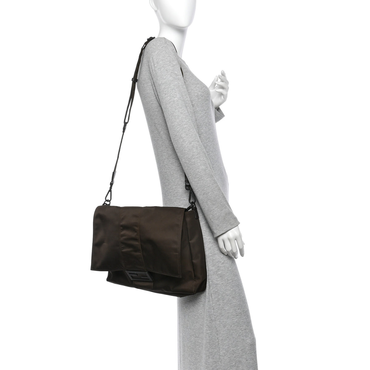 Fendi Econyl Nylon Cuoio Romano Monochrome Large Baguette Messenger Bag Ebano 2 of 10