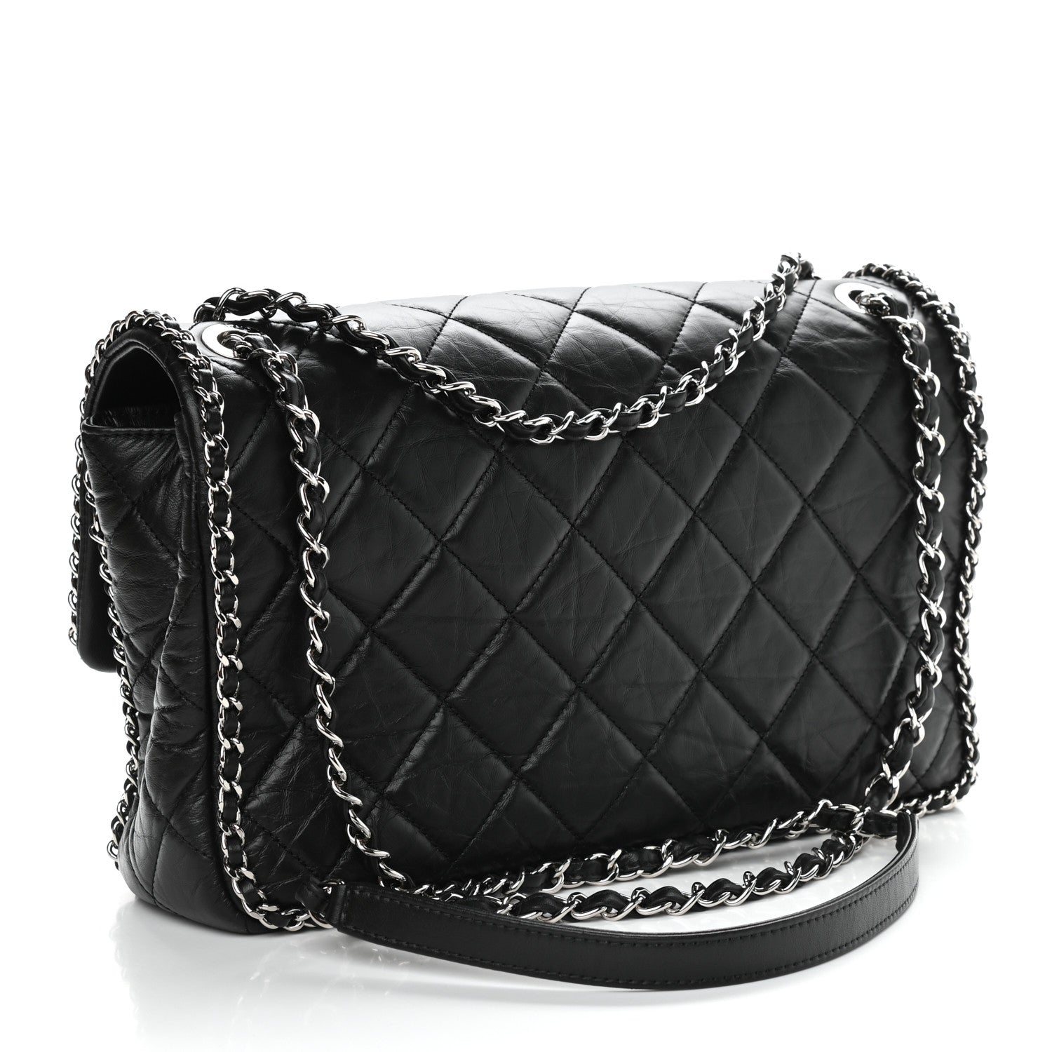 Chanel Crumpled Calfskin Quilted Large Chain All Over Flap Bag Black 3 of 9