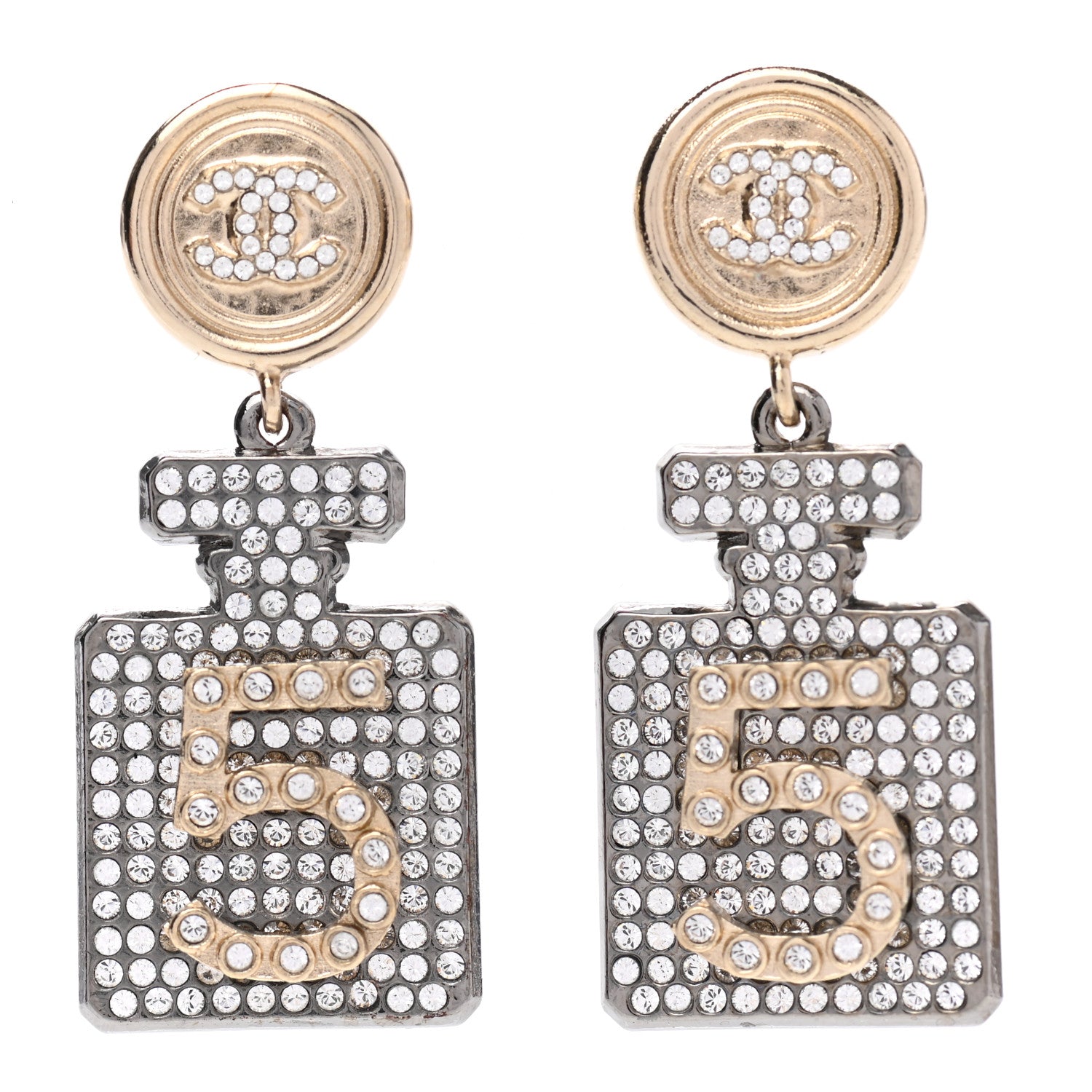 Chanel Crystal CC No 5 Perfume Bottle Drop Earrings Gold Silver 1 of 5