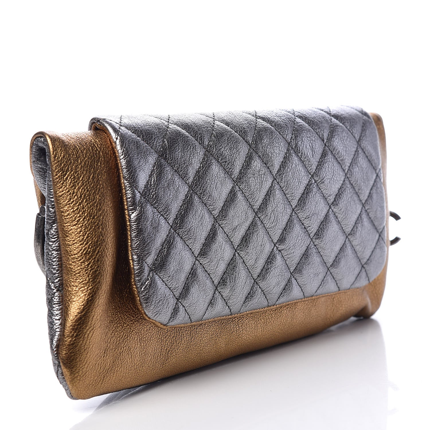 Chanel Metallic Goatskin Quilted Frame Clasp Flap Clutch Silver Gold 4 of 11
