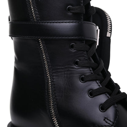 Prada Vitello Lux Nylon Metal Triangle Logo Monolith Pouch Pocket 55mm Tall Combat Boots 37.5 Black 12 of 15