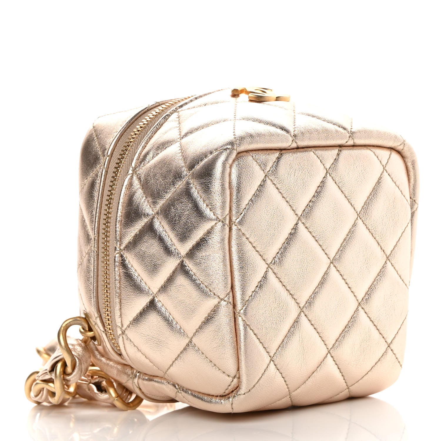 Chanel Metallic Lambskin Quilted Cube Chain Wristlet Case Gold 4 of 10