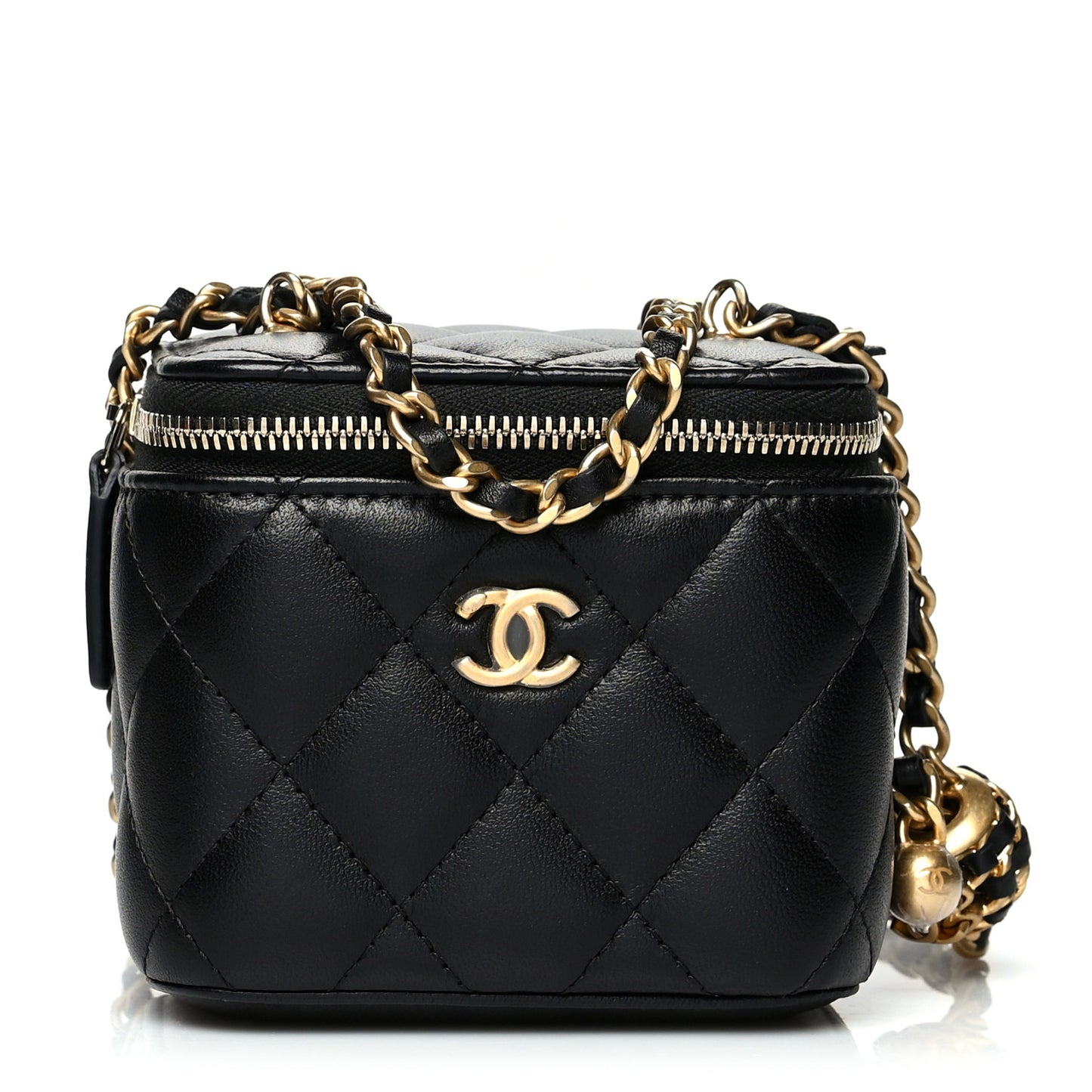Lambskin Quilted Mini Pearl Crush Vanity Case With Chain Black