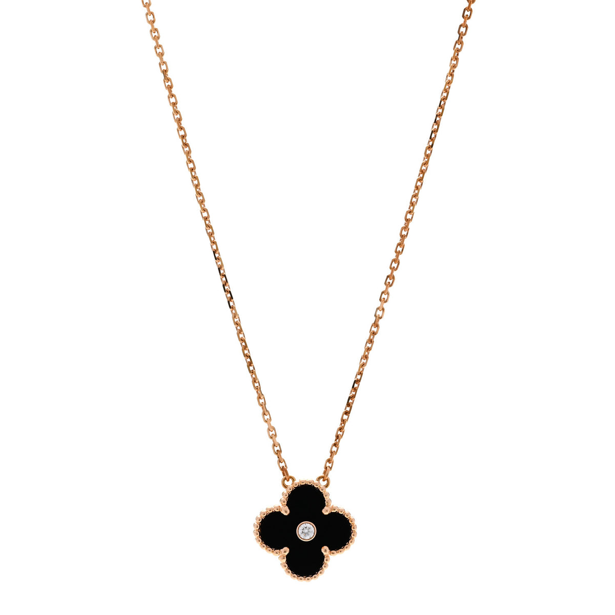 18K Rose Gold Diamond Black Onyx Vintage Alhambra Pendant Necklace