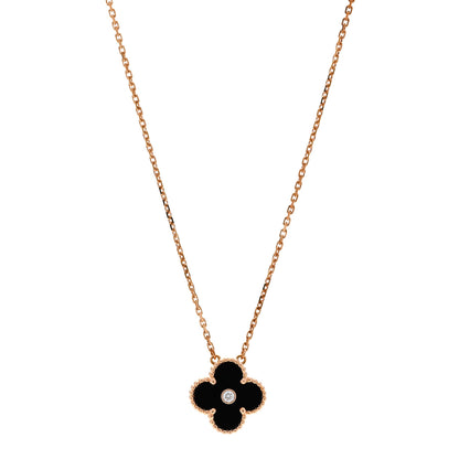 Van Cleef & Arpels 18K Rose Gold Diamond Black Onyx Vintage Alhambra Pendant Necklace 1 of 6