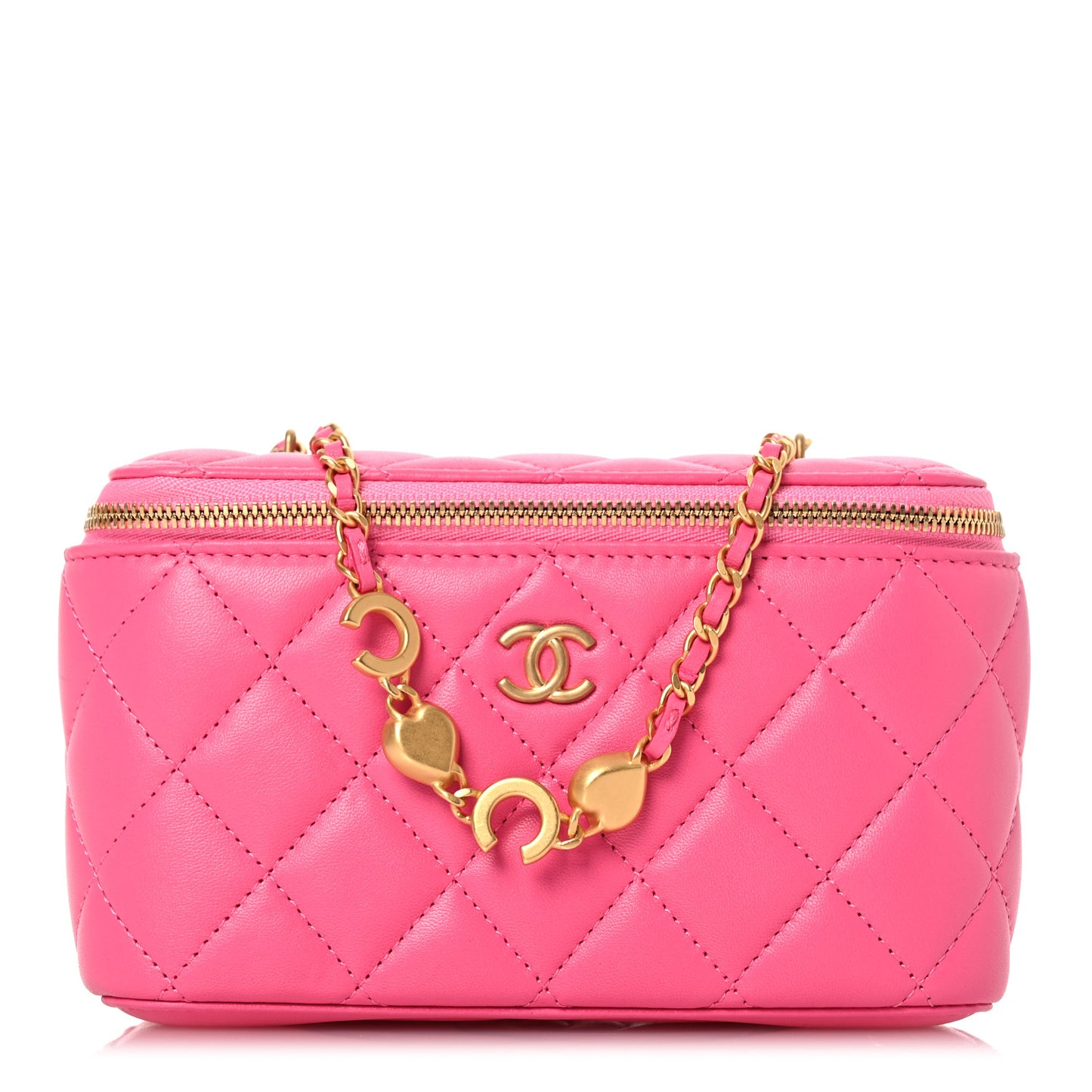 Lambskin Enamel Quilted Small Coco Hearts Vanity Case With Chain Pink