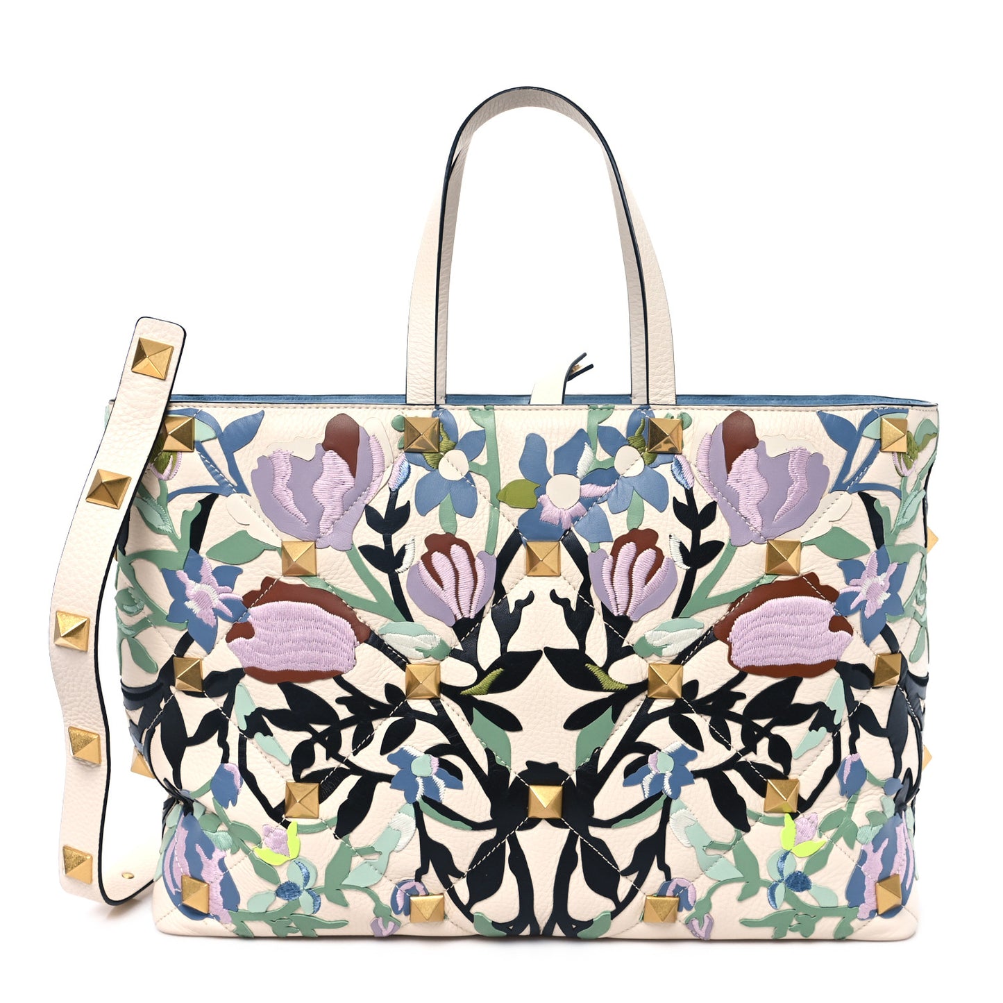 Grained Calfskin Embroidered Large Roman Stud Tote Multicolor