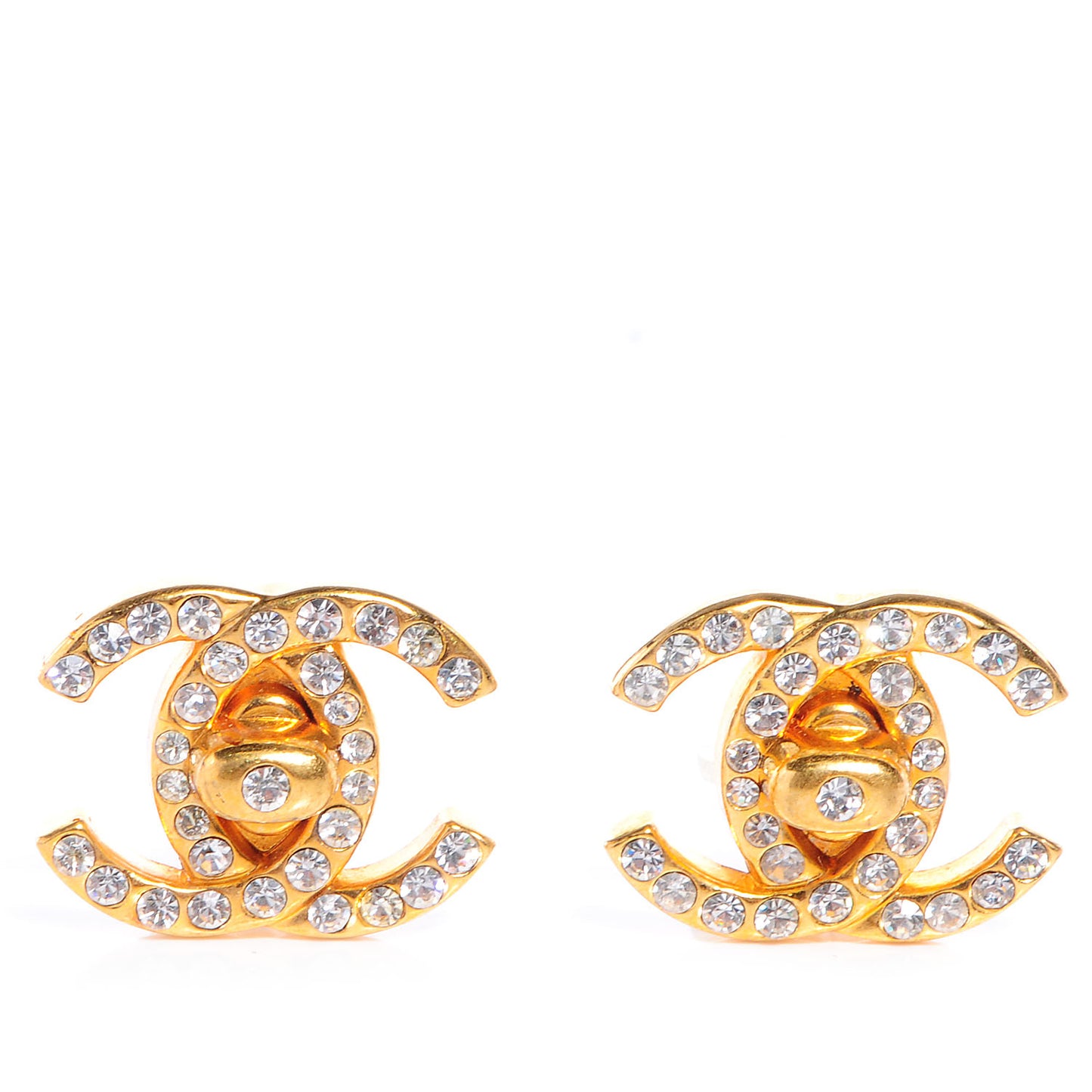 Crystal CC Turnlock Clip On Earrings Gold
