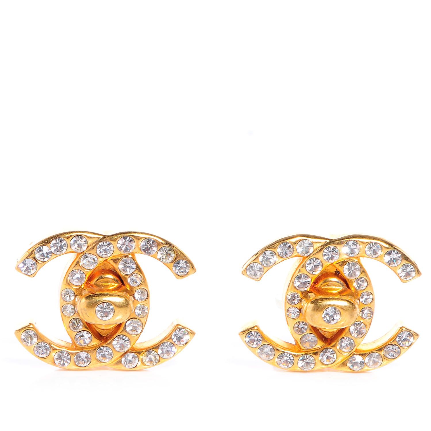 Chanel Crystal CC Turnlock Clip On Earrings Gold 1 of 5